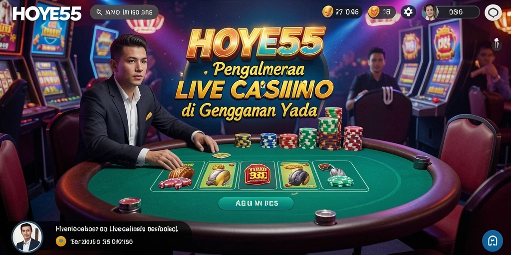 Screenshot utama HOYE55 menampilkan dealer profesional dalam sesi Live Casino.