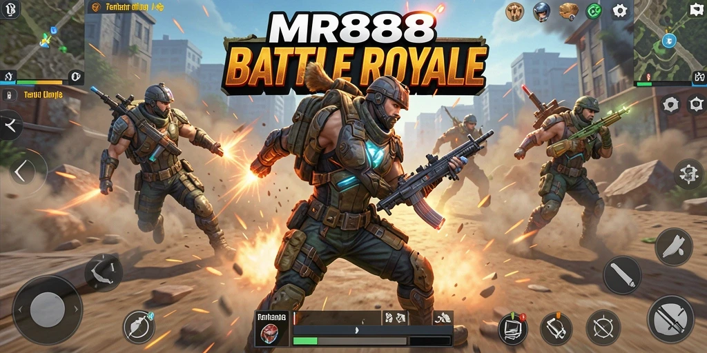 Tampilan aksi seru dalam gameplay Battle Royale MR888.