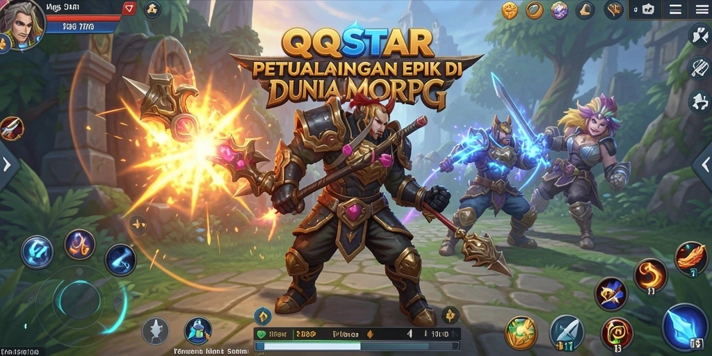 Screenshot gameplay QQSTAR menunjukkan pertarungan seru di dunia MMORPG.