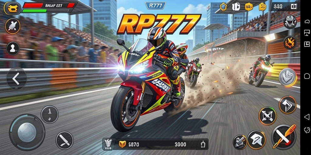 Tampilan gameplay RP777 yang penuh aksi dan menegangkan di lintasan balap.
